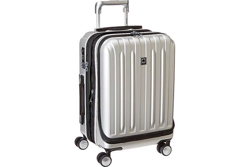Delsey Paris Titanium Hardside Expandable Luggage in silver, a compact expandable suitcase for travel