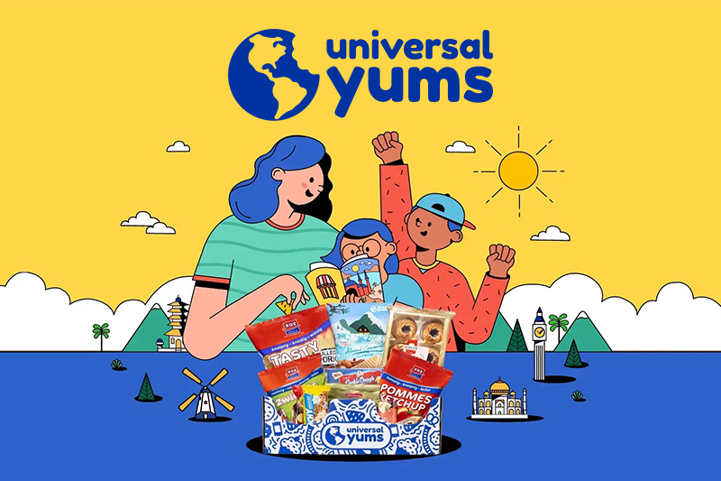 Illustration of three people opening a Universal Yums subscription box